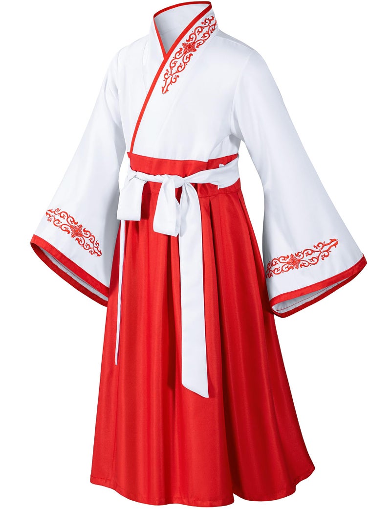 Elibelle Asian Traditional Dress Kimono Robe for Kids Girls Costume Silk Folding Fans hairstick Cosplay(White Red 110cm - Image 2